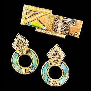 Vintage Duri Art Deco Style Brooch Earrings Set Gold Tone
